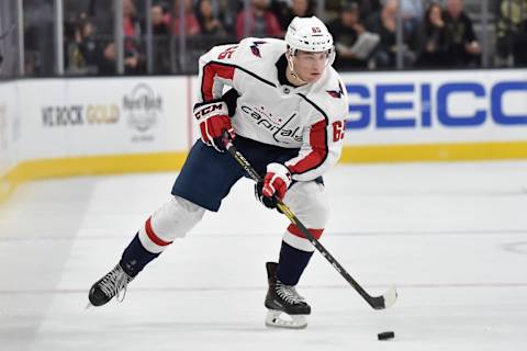 LAS VEGAS, NV – DECEMBER 4: Andre Burakovsky #65 of the Washington Capitals skates during the second period against the Vegas Golden Knights at T-Mobile Arena on December 4, 2018 in Las Vegas, Nevada. (Photo by David Becker/NHLI via Getty Images)