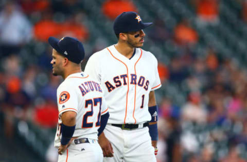 Apr 20, 2017; Houston, TX, USA; Houston Astros shortstop Carlos Correa (1) with second baseman Jose Altuve (27) against the Los Angeles Angels at Minute Maid Park. Mandatory Credit: Mark J. Rebilas-USA TODAY Sports