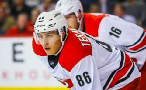 Oct 20, 2016; Calgary, Alberta, CAN; Carolina Hurricanes left wing Teuvo Teravainen (86) during the face off against Calgary Flames during the first period at Scotiabank Saddledome. Mandatory Credit: Sergei Belski-USA TODAY Sports