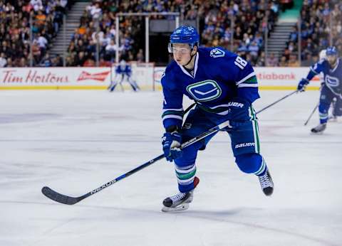 Nov 21, 2015; Vancouver, British Columbia, CAN; Vancouver Canucks forward Jake Virtanen (18) against Chicago Blackhawks at Rogers Arena. Vancouver won 6-3. Mandatory Credit: Bob Frid-USA TODAY Sports