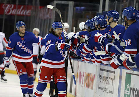 Artemi Panarin #10 of the New York Rangers celebrates his third period goal against the Washington Capitals (Photo by Al Bello/Getty Images)