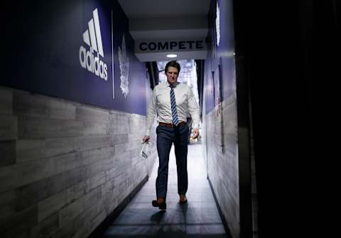 TORONTO, ON - APRIL 21: Mike Babcock head coach of the Toronto Maple Leafs walks to the dressing room before playing the Boston Bruins in Game Six of the Eastern Conference First Round during the 2019 NHL Stanley Cup Playoffs at the Scotiabank Arena on April 21, 2019 in Toronto, Ontario, Canada. (Photo by Mark Blinch/NHLI via Getty Images)