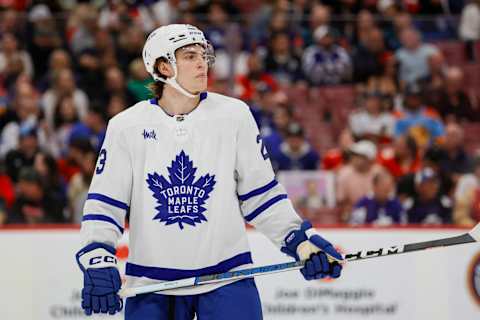 Apr 10, 2023; Sunrise, Florida, USA; Toronto Maple Leafs left wing Matthew Knies (23) looks on during the first period against the Florida Panthers at FLA Live Arena. Mandatory Credit: Sam Navarro-USA TODAY Sports