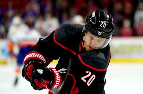 RALEIGH, NC – OCTOBER 11: Sebastian Aho #20 of the Carolina Hurricanes shoots the puck during warmups prior to an NHL game against the New York Islanders on October 11, 2019 at PNC Arena in Raleigh North Carolina. (Photo by Gregg Forwerck/NHLI via Getty Images)