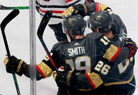 Reilly Smith #19 of the Vegas Golden Knights celebrates a goal with teammate Paul Stastny #26 against the Chicago Blackhawks during the third period in Game One of the Western Conference First Round. (Photo by Jeff Vinnick/Getty Images)