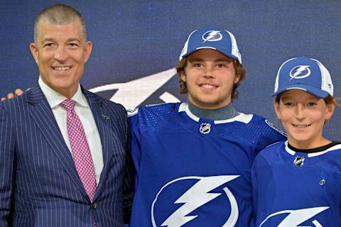 Jul 7, 2022; Montreal, Quebec, CANADA; Isaac Howard after being selected as the number thirty-one overall pick to the Tampa Bay Lightning in the first round of the 2022 NHL Draft at Bell Centre. Mandatory Credit: Eric Bolte-USA TODAY Sports