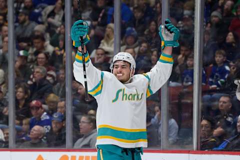 Timo Meier #28 of the San Jose Sharks celebrates after scoring a goal (Photo by Derek Cain/Getty Images)