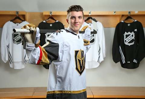 VANCOUVER, BRITISH COLUMBIA – JUNE 21: Peyton Krebs, 17th overall pick of the Vegas Golden Knights poses for a portrait during the first round of the 2019 NHL Draft at Rogers Arena on June 21, 2019 in Vancouver, Canada. (Photo by Andre Ringuette/NHLI via Getty Images)