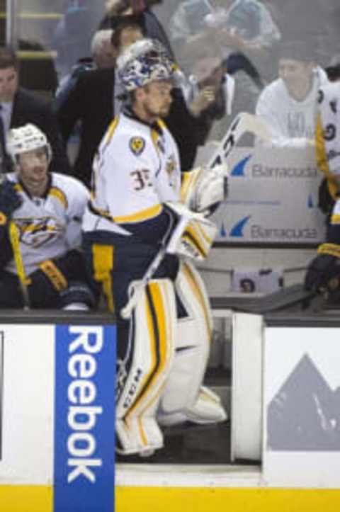 Nashville Predators goalie Pekka Rinne (35) is removed from the game during the third period in game five of the second round of the 2016 Stanley Cup Playoffs. Mandatory Credit: Kyle Terada-USA TODAY Sports