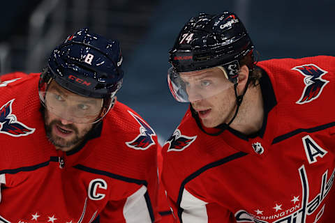 Alex Ovechkin #8 and John Carlson #74 of the Washington Capitals (Photo by Patrick Smith/Getty Images)