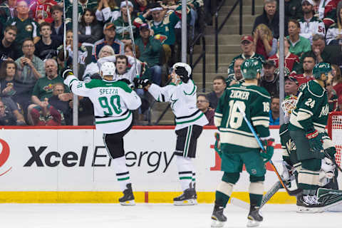 Apr 20, 2016; Saint Paul, MN, USA; Dallas Stars forward Jason Spezza (90) celebrates after scoring a goal in the second period against the Minnesota Wild in game four of the first round of the 2016 Stanley Cup Playoffs at Xcel Energy Center. Mandatory Credit: Brad Rempel-USA TODAY Sports