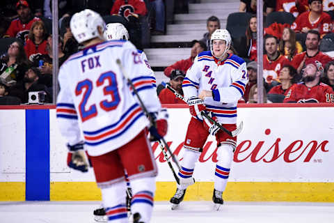 New York Rangers Right Wing Kaapo Kakko (24) celebrates a goal against the Calgary Flames