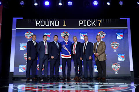 CHICAGO, IL – JUNE 23: Lias Andersson poses for photos after being selected seventh overall by the New York Rangers during the 2017 NHL Draft at the United Center on June 23, 2017 in Chicago, Illinois. (Photo by Bruce Bennett/Getty Images)