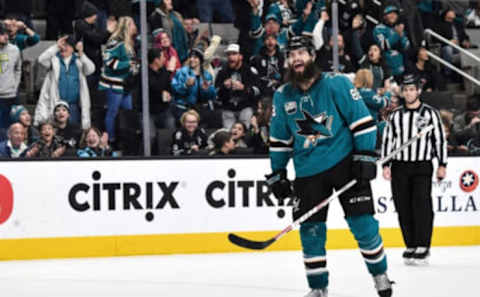 SAN JOSE, CA – JANUARY 05: Brent Burns #88 of the San Jose Sharks celebrates scoring a goal against the Tampa Bay Lightning at SAP Center on January 5, 2018 in San Jose, California (Photo by Brandon Magnus/NHLI via Getty Images)