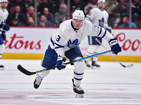 MONTREAL, QC – FEBRUARY 08: Justin Holl #3 of the Toronto Maple Leafs . (Photo by Minas Panagiotakis/Getty Images)