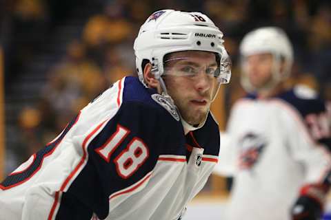 NASHVILLE, TN – APRIL 07: Columbus Blue Jackets center Pierre-Luc Dubois (18) is shown during the NHL game between the Nashville Predators and the Columbus Blue Jackets, held on April 7, 2018, at Bridgestone Arena in Nashville, Tennessee. (Photo by Danny Murphy/Icon Sportswire via Getty Images)