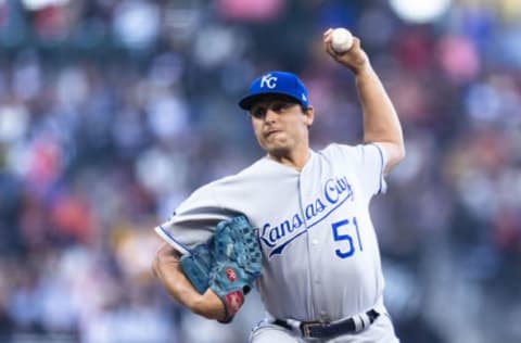 Jun 13, 2017; San Francisco, CA, USA; Kansas City Royals starting pitcher Jason Vargas (51) pitches against the Kansas City Royals in the first inning at AT&T Park. Mandatory Credit: John Hefti-USA TODAY Sports