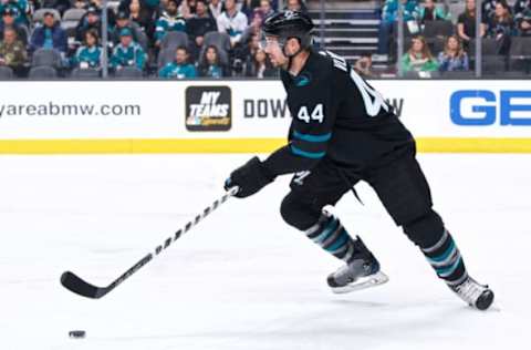 SAN JOSE, CA – MARCH 14: San Jose Sharks defenseman Marc-Edouard Vlasic (44) carries the puck during the San Jose Sharks game versus the Florida Panthers on March 14, 2019, at SAP Center at San Jose in San Jose, CA.” (Photo by Matt Cohen/Icon Sportswire via Getty Images)