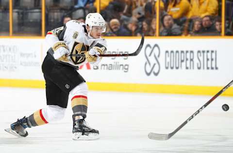 NASHVILLE, TN – DECEMBER 8: Luca Sbisa #47 of the Vegas Golden Knights shoots the puck against the Nashville Predators during an NHL game at Bridgestone Arena on December 8, 2017, in Nashville, Tennessee.(Photo by John Russell/NHLI via Getty Images)