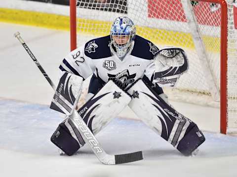 BOISBRIAND, QC – NOVEMBER 23: Goaltender Colten Ellis #92 of the Rimouski Oceanic protects his net against the Blainville-Boisbriand Armada during the QMJHL game at Centre d’Excellence Sports Rousseau on November 23, 2018 in Boisbriand, Quebec, Canada. The Rimouski Oceanic defeated the Blainville-Boisbriand Armada 3-2. (Photo by Minas Panagiotakis/Getty Images)