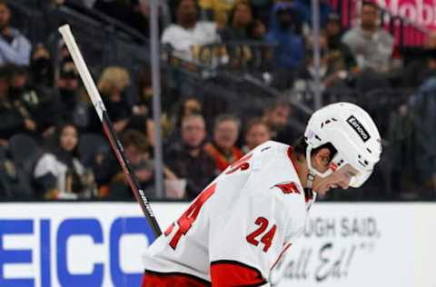 LAS VEGAS, NEVADA – NOVEMBER 16: Seth Jarvis #24 of the Carolina Hurricanes reacts after scoring a third-period goal against the Vegas Golden Knights during their game at T-Mobile Arena on November 16, 2021, in Las Vegas, Nevada. The Hurricanes defeated the Golden Knights 4-2. (Photo by Ethan Miller/Getty Images)