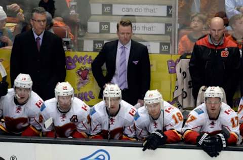 Apr 13, 2017; Anaheim, CA, USA; Calgary Flames head coach Glen Gulutzan watches game action against the Anaheim Ducks during the third period in game one of the first round of the 2017 Stanley Cup Playoffs at Honda Center. Mandatory Credit: Gary A. Vasquez-USA TODAY Sports