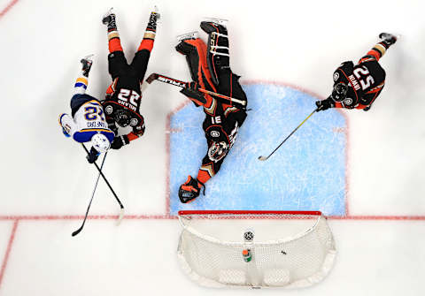 Zach Sanford #12 of the St. Louis Blues scores a goal past the defense of Anthony Stolarz #31, Matt Irwin #52 and Sonny Milano #22 of the Anaheim Ducks (Photo by Sean M. Haffey/Getty Images)