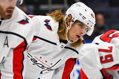 QUEBEC CITY, QC – SEPTEMBER 20: Look on Washington Capitals left wing Axel Jonsson-Fjallby (45) during the Washington Capitals versus the Montreal Canadiens preseason game on September 20, 2018, at Centre Videotron in Quebec City, QC (Photo by David Kirouac/Icon Sportswire via Getty Images)