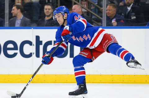 NEW YORK, NY – APRIL 05: New York Rangers Defenceman Neal Pionk (44) sends the puck down ice during the second period of the National Hockey League game between the Columbus Blue Jackets and the New York Rangers on April 5, 2019 at Madison Square Garden in New York, NY. (Photo by Joshua Sarner/Icon Sportswire via Getty Images)