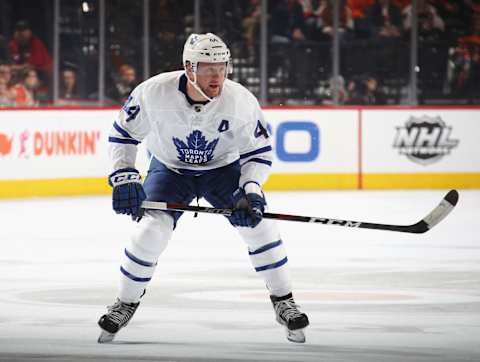 PHILADELPHIA, PENNSYLVANIA – NOVEMBER 02: Morgan Rielly #44 of the Toronto Maple Leafs   (Photo by Bruce Bennett/Getty Images)