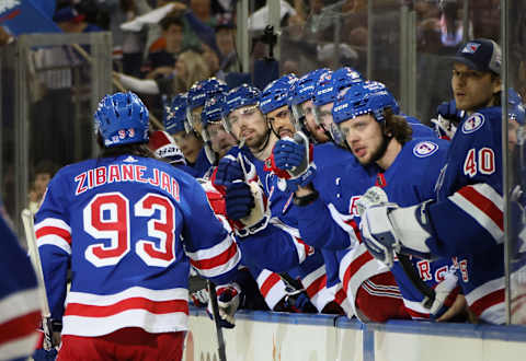 Mika Zibanejad #93 of the New York Rangers celebrates is goal against the Hurricanes (Photo by Bruce Bennett/Getty Images)