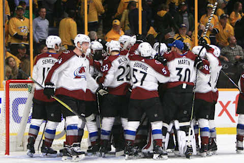 NASHVILLE, TN – APRIL 20: The Colorado Avalanche celebrate their 2-1 victory at the conclusion of Game Five of Round One of the Stanley Cup Playoffs between the Colorado Avalanche and Nashville Predators, held on April 20, 2018, at Bridgestone Arena in Nashville, Tennessee. (Photo by Danny Murphy/Icon Sportswire via Getty Images)