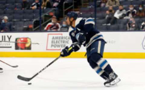 COLUMBUS, OH – MAY 07: Seth Jones #3 of the Columbus Blue Jackets controls the puck during the game against the Detroit Red Wings at Nationwide Arena on May 7, 2021 in Columbus, Ohio. Detroit defeated Columbus