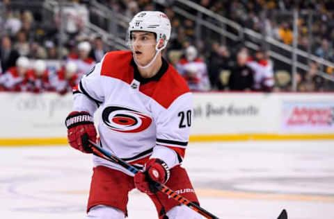 PITTSBURGH, PA – MARCH 31: Carolina Hurricanes Center Sebastian Aho (20) looks on during the third period in the NHL game between the Pittsburgh Penguins and the Carolina Hurricanes on March 31, 2019, at PPG Paints Arena in Pittsburgh, PA. (Photo by Jeanine Leech/Icon Sportswire via Getty Images)