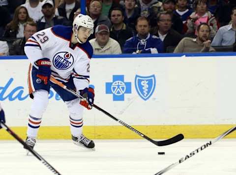 Jan 19, 2016; Tampa, FL, USA; Edmonton Oilers center Leon Draisaitl (29) skates against the Tampa Bay Lightning during the first period at Amalie Arena. Mandatory Credit: Kim Klement-USA TODAY Sports