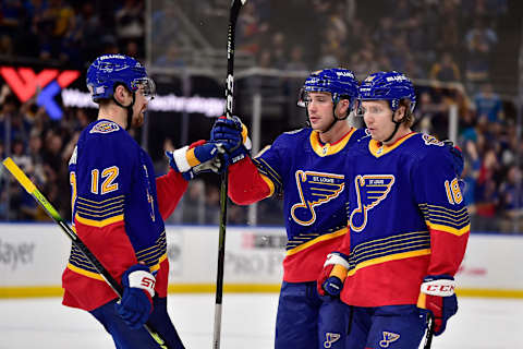 St. Louis Blues defenseman Vince Dunn (29), Robert Thomas (18) and Zach Sanford (12)Mandatory Credit: Jeff Curry-USA TODAY Sports