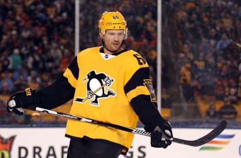 Feb 25, 2017; Pittsburgh, PA, USA; Pittsburgh Penguins defenseman Ron Hainsey (65) looks on against the Philadelphia Flyers during the third period in a Stadium Series hockey game at Heinz Field. The Penguins won 4-2. Mandatory Credit: Charles LeClaire-USA TODAY Sports