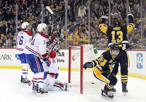 Dec 31, 2016; Pittsburgh, PA, USA; Pittsburgh Penguins left wing Conor Sheary (43) celebrates after scoring a goal against the Montreal Canadiens during the third period at the PPG PAINTS Arena. The Pens won 4-3 in overtime. Mandatory Credit: Charles LeClaire-USA TODAY Sports