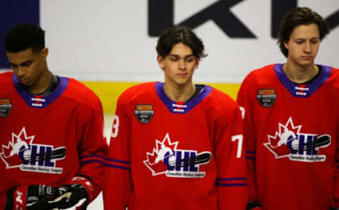 KITCHENER, ONTARIO – MARCH 23: Luca Del Bel Belluz #73 of Team Red poses for a team photo prior to the 2022 CHL/NHL Top Prospects Game at Kitchener Memorial Auditorium on March 23, 2022 in Kitchener, Ontario. (Photo by Chris Tanouye/Getty Images)