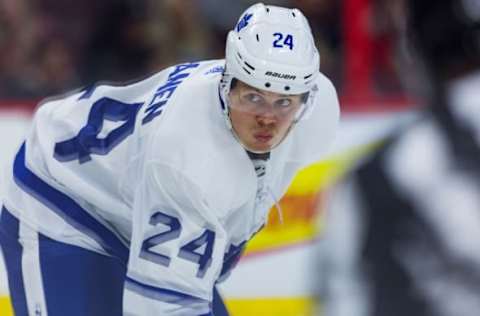 OTTAWA, ON – SEPTEMBER 18: Toronto Maple Leafs right wing Kasperi Kapanen (24) sets up for the faceoff during third period National Hockey League preseason action between the Toronto Maple Leafs and Ottawa Senators on September 18, 2017, at Canadian Tire Centre in Ottawa, ON, Canada. (Photo by Richard A. Whittaker/Icon Sportswire via Getty Images)