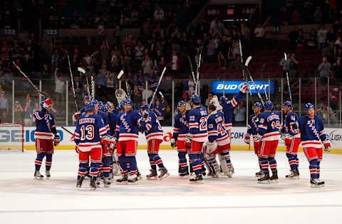 The New York Rangers salute their fans (Photo by Rebecca Taylor/MSG Photos/Getty Images)