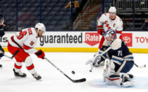 COLUMBUS, OH – FEBRUARY 7: Joonas Korpisalo #70 of the Columbus Blue Jackets stops a shot by Vincent Trocheck #16 of the Carolina Hurricanes during the first period at Nationwide Arena on February 7, 2021 in Columbus, Ohio. (Photo by Kirk Irwin/Getty Images)