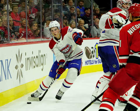 RALEIGH, NC – OCTOBER 3: Cale Fleury Nick Suzuki Montreal Canadiens (Photo by Gregg Forwerck/NHLI via Getty Images)