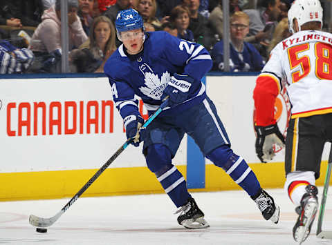 TORONTO, ON – JANUARY 16: Kasperi Kapanen #24 of the Toronto Maple Leafs skates with the puck against the Calgary Flames during an NHL game at Scotiabank Arena on January 16, 2020 in Toronto, Ontario, Canada. The Flames defeated the Maple Leafs 2-1 in a shoot-out. (Photo by Claus Andersen/Getty Images)