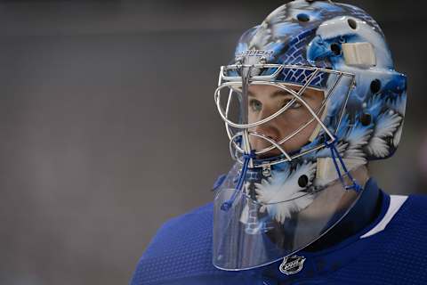 TORONTO, ON – SEPTEMBER 25: Toronto Maple Leafs goalie Joseph Woll (60) reacts during warm-up before the NHL Preseason game between the Montreal Canadiens and the Toronto Maple Leafs on September 25, 2019, at Scotiabank Arena in Toronto, ON, Canada. (Photo by Julian Avram/Icon Sportswire via Getty Images)