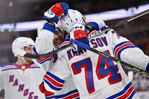 Vitali Kravtsov #74 after Kravtsov’s third-period goal against the Chicago Blackhawks for the New York Rangers. (Photo by Jamie Sabau/Getty Images)