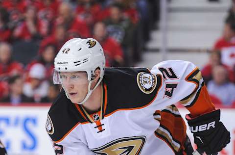 CALGARY, AB – APRIL 19: Josh Manson #42 of the Anaheim Ducks in action against the Calgary Flames in Game Four of the Western Conference First Round during the 2017 NHL Stanley Cup Playoffs at Scotiabank Saddledome on April 19, 2017, in Calgary, Alberta, Canada. (Photo by Derek Leung/Getty Images)