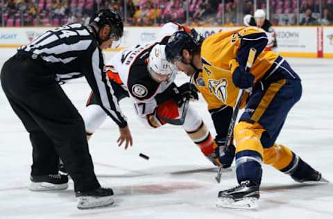 NASHVILLE, TN: Puck drop between Mike Fisher #12 of the Nashville Predators and Ryan Kesler #17 of the Anaheim Ducks. (Photo by John Russell/NHLI via Getty Images)