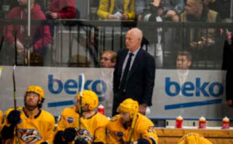 PRAGUE, CZECH REPUBLIC – OCTOBER 07: Head coach John Hynes of Nashville during the 2022 NHL Global Series Challenge Czech Republic match between San Jose Sharks and Nashville Predators at O2 Arena on October 7, 2022 in Prague, Czech Republic. (Photo by Jari Pestelacci/Eurasia Sport Images/Getty Images)