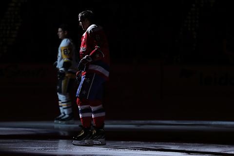 WASHINGTON, DC – FEBRUARY 23: Alex Ovechkin #8 of the Washington Capitals and Sidney Crosby #87 of the Pittsburgh Penguins take the ice before playing during the first period at Capital One Arena on February 23, 2020 in Washington, DC. (Photo by Patrick Smith/Getty Images)